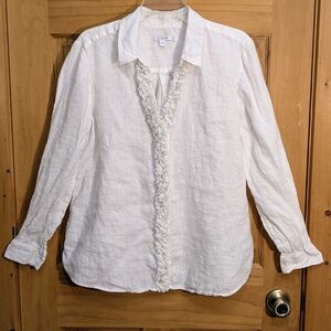 Chico’s White Floral Applique Ruffle Linen Tunic LS Top Sz 2/US Large Beach Boho